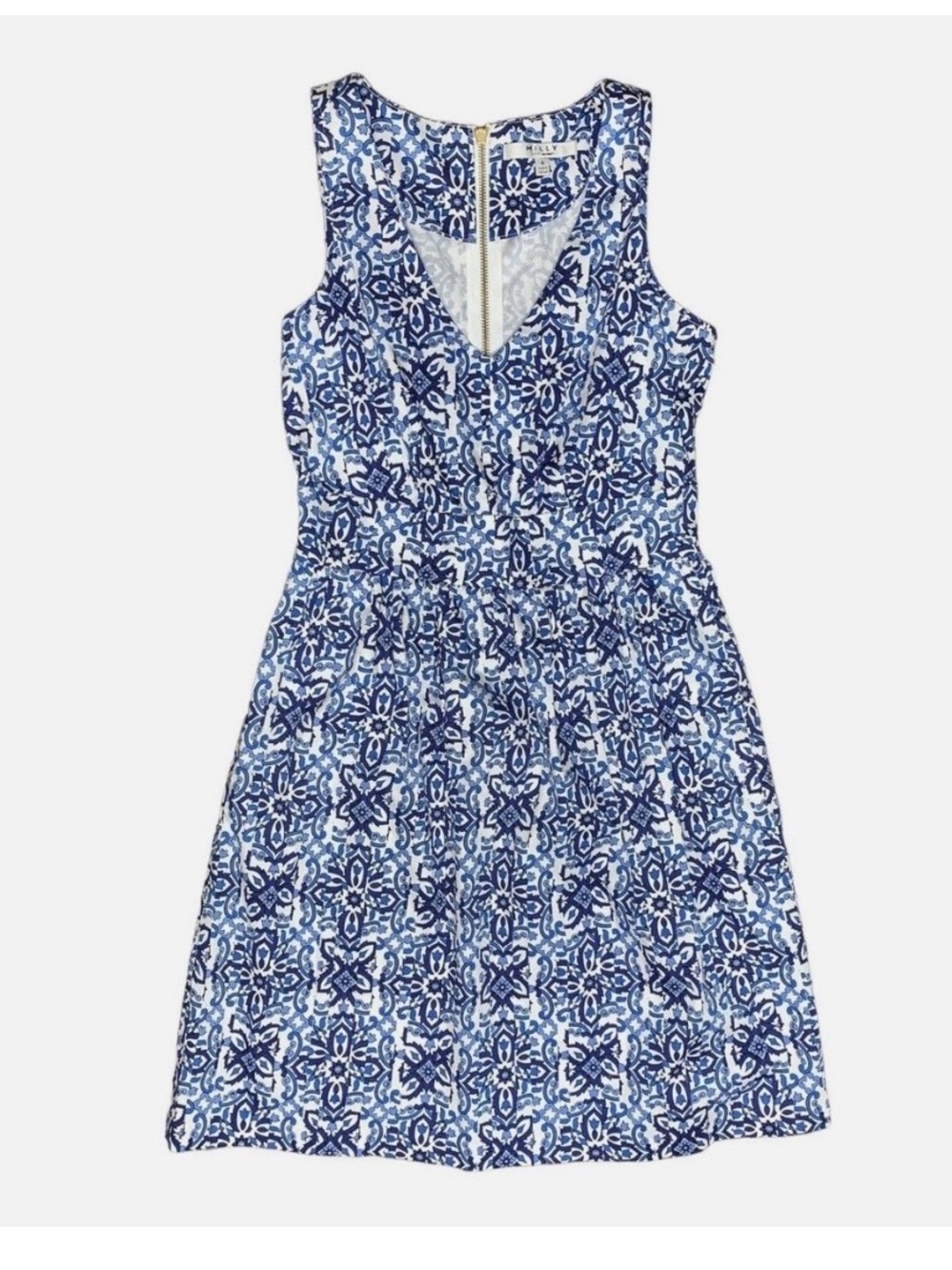 Milly Design Nation Blue White Porcelain Print V-Neck Dress Sz 4 Zip Back